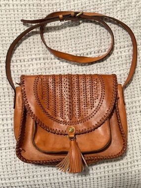 Patricia Nash Brown Distressed Tooled Leather… Tassel/Bohemian Crossbody Purse!!